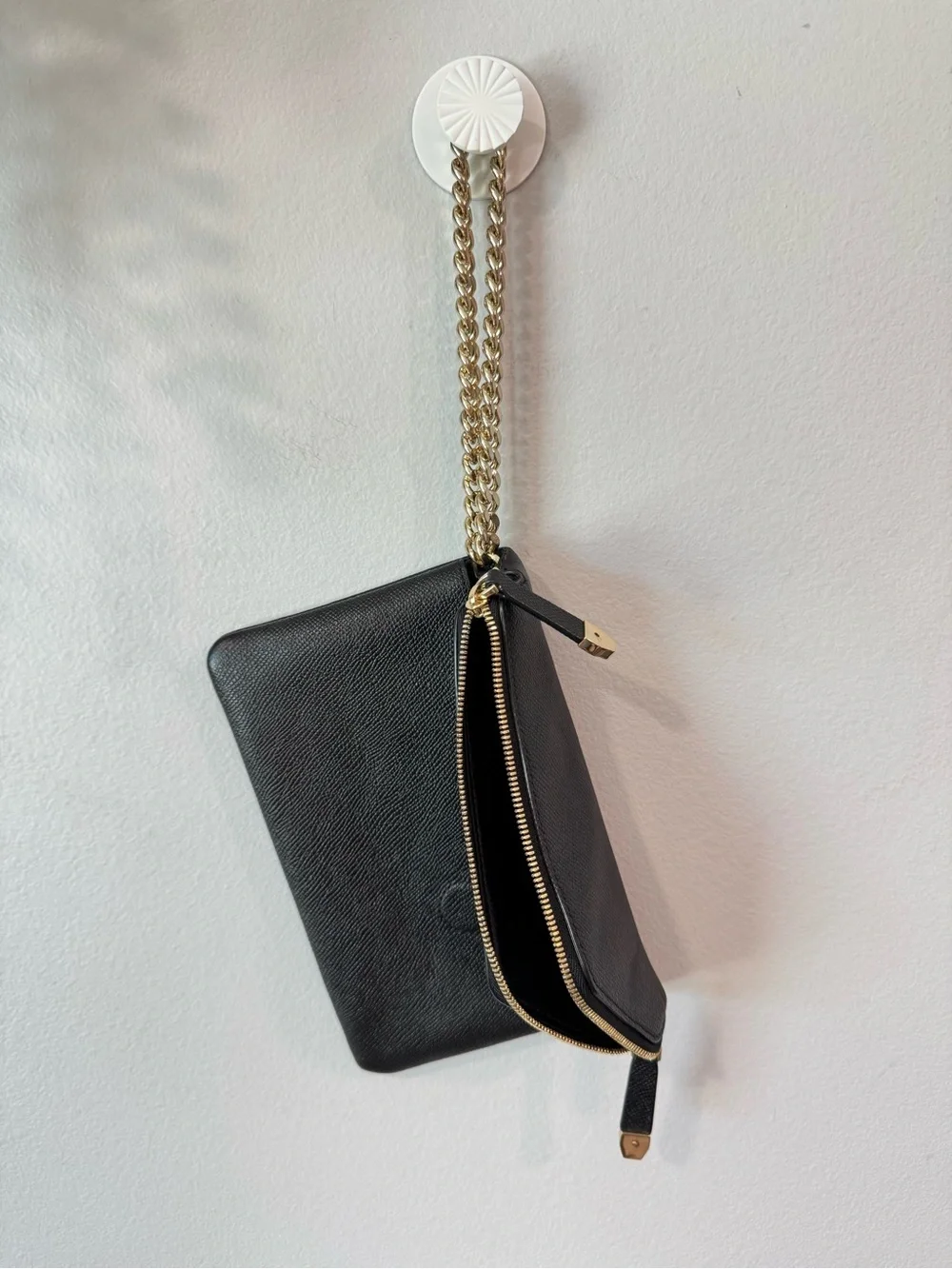 henri bendel Black Leather Clutch with Gold Chain Strap